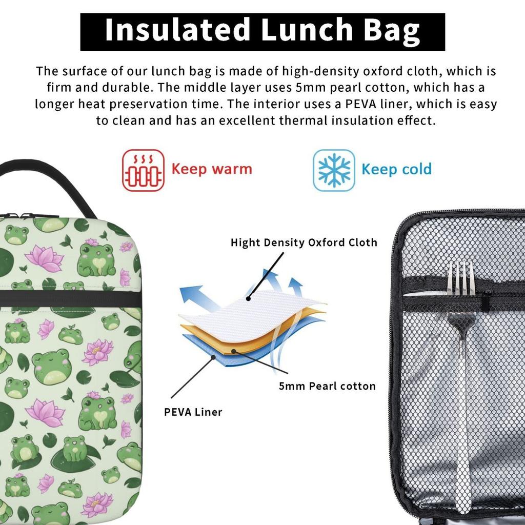 Cartoon Cute Frog Pattern On Lotus Leaves Insulated Lunch Bag for Women Kids Portable Food Boxes Thermal Lunch Box Tote