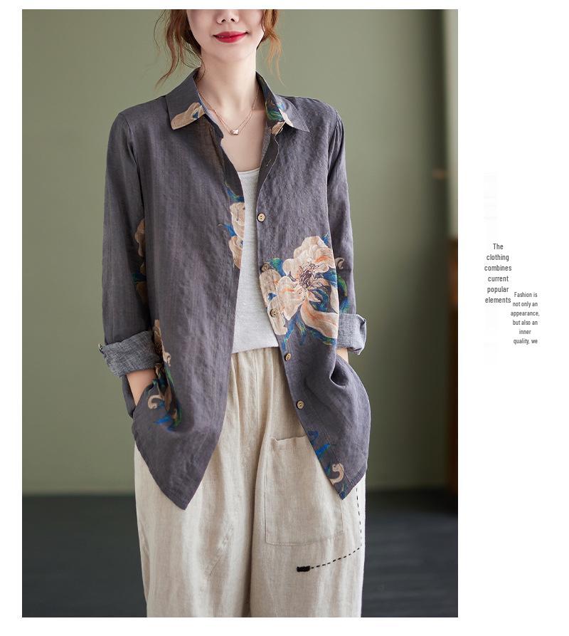 Women's Retro Floral Cotton Linen Shirt - Plus Size, Loose Fit, Long Sleeve, Spring/Autumn