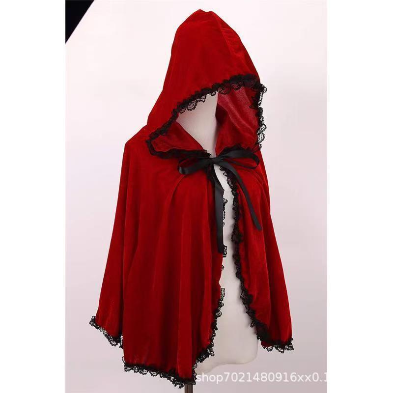 Anime-Inspired Little Red Riding Hood Costume with Hooded Cloak and Lace Trim