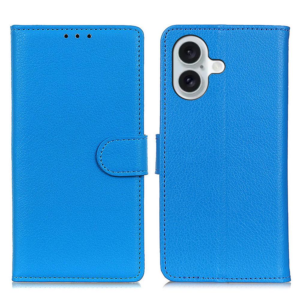 For iPhone 16 Case PU Leather Wallet Stand Litchi Texture Phone Cover