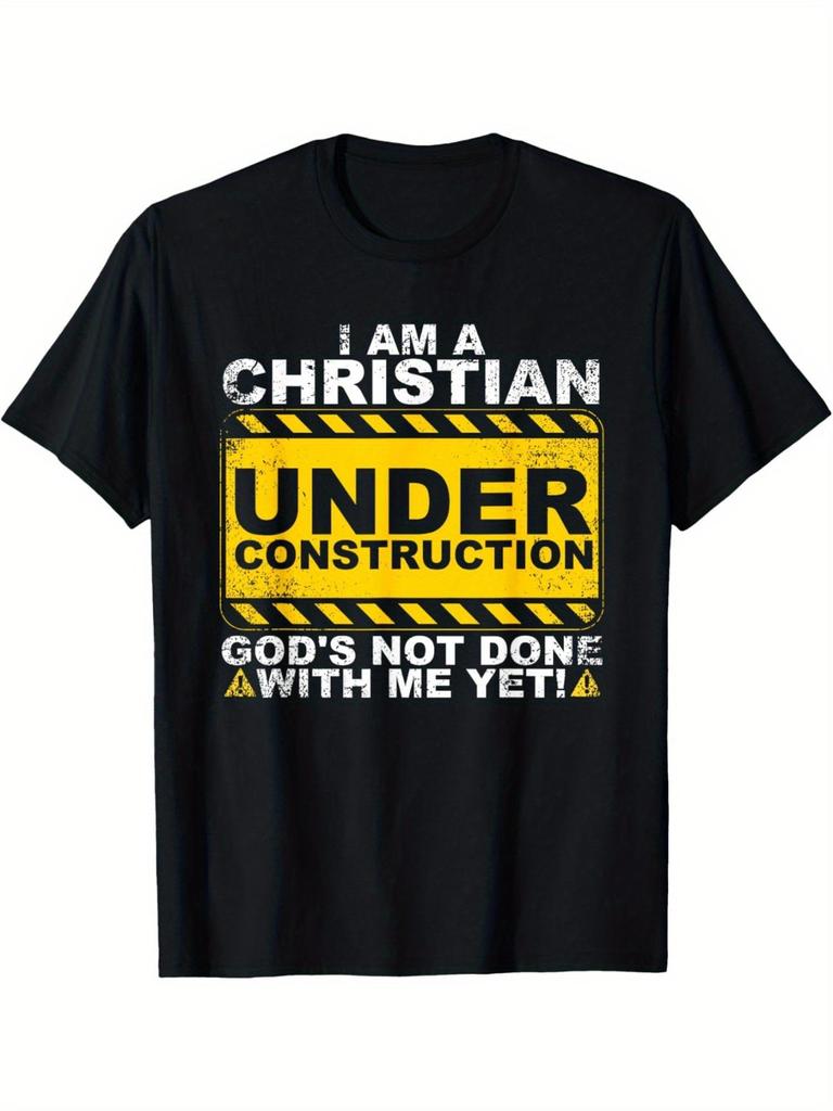 Mens Christian Graphic TShirt I AM A CHRISTIAN UNDER CONSTRUCTION Caution Tape Design with Romans 831 Bible Verse