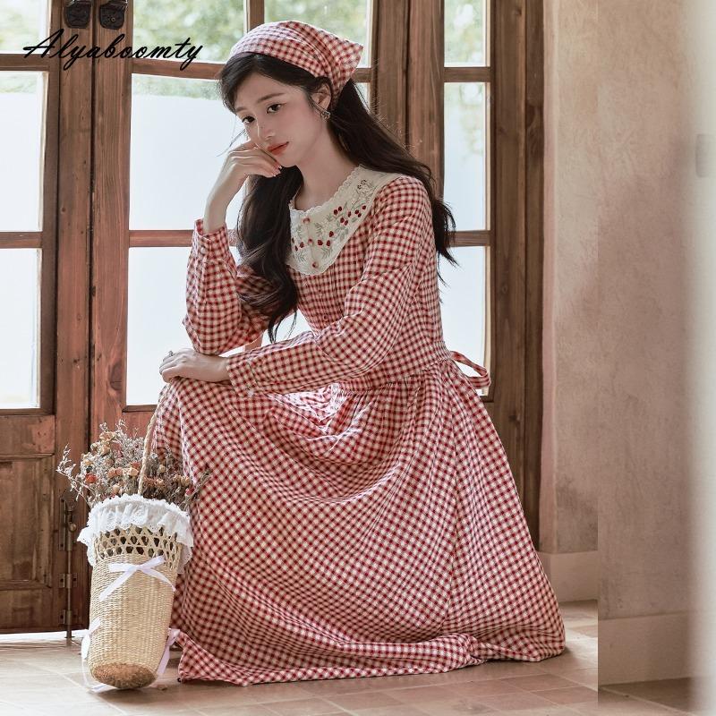 Cottagecore Spring Autumn Women Sweet Dress Ruffled Collar Red Plaid Floral Embroidery Dress Mori Girl Elegant Dress With Scarf