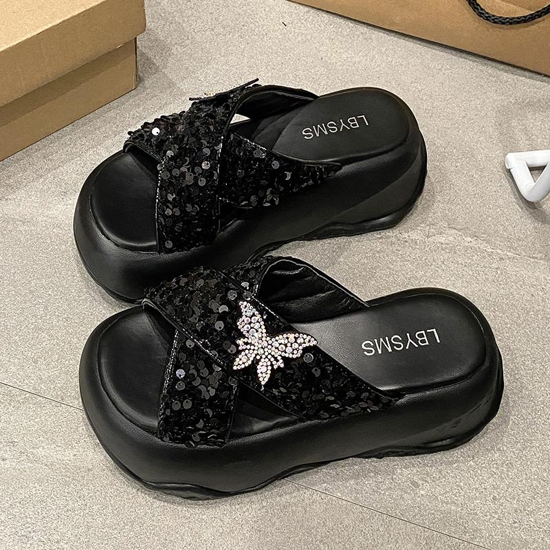 Mode 8CM Damen Klobige Hausschuhe Sommer Hohe Plateau Keile Blingbling Schuhe Frau Strand Flip Flops Dicke Sohle Sandalias Mujer