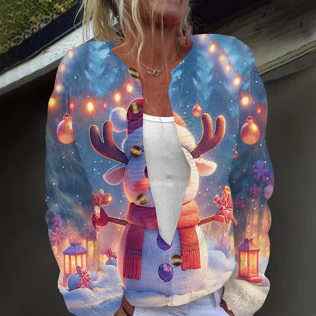 Damenmode, weihnachtlich bedruckt, langärmelig, Strickjacke, Button-Down-Jacke