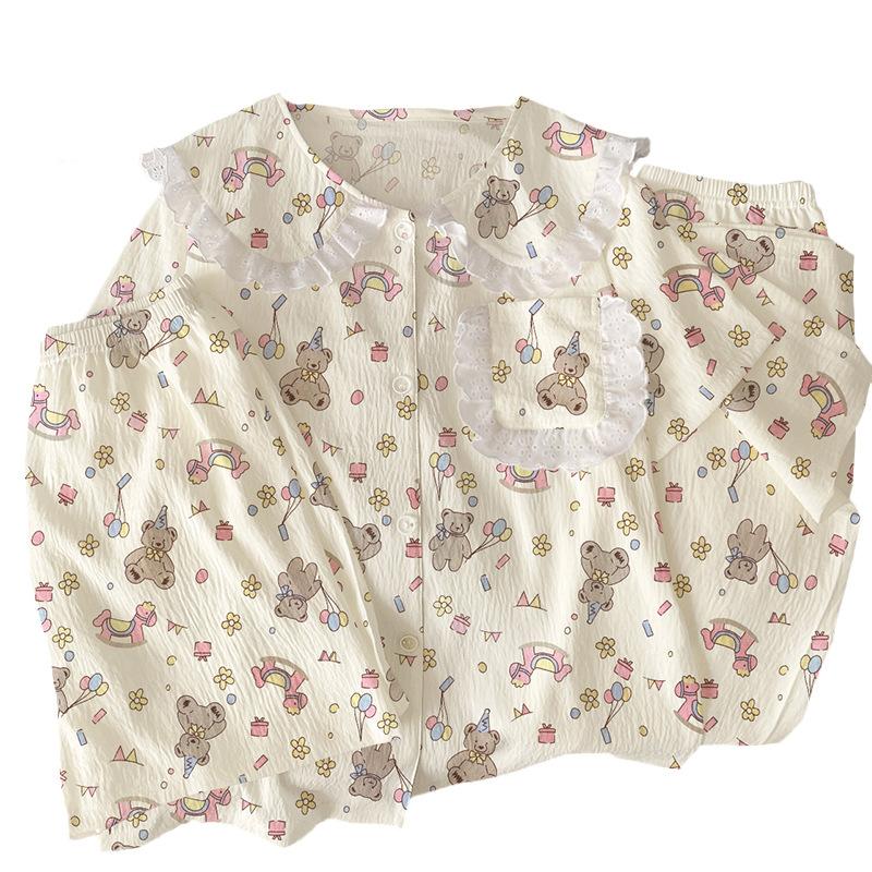 Bear Birthday Party Cartoon Cloud Cotton Summer Doll Collar Lace Pajamas Women'S Three-Piece Set