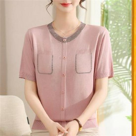 

Elegant Ice Silk Short-Sleeve Knitted Top for Middle-Aged Women 5XL рожевий