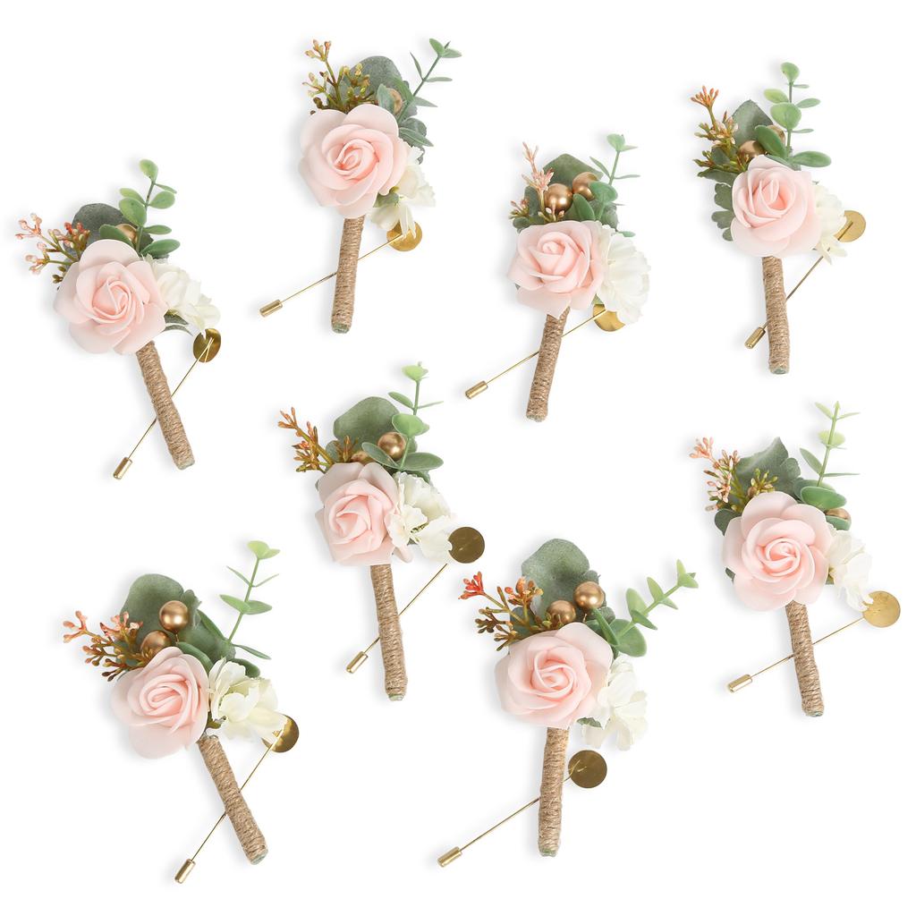 Set of 8 Rose Boutonniere for Men Wedding with Pins Groom Artificial Flower Boutonniere for Wedding Ceremony Formal Dinner Party Prom Flowers