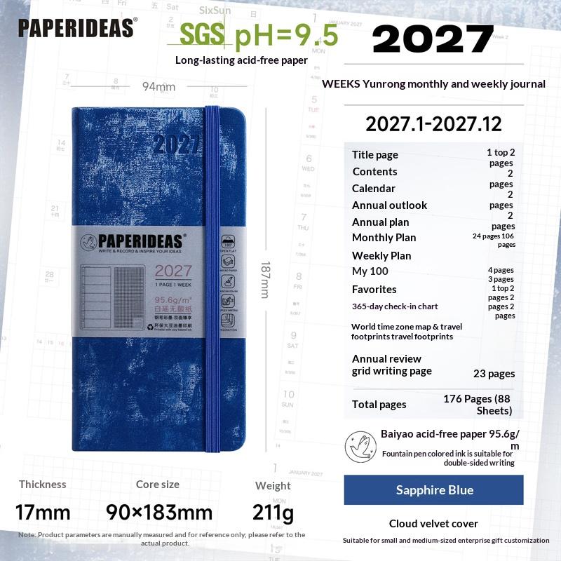 Paperideas Slim 2027 Weekly Planner Notebook PU Hardcover Weeks Journal Acid‑Free Paper Time Organizer Schedule Hand Book