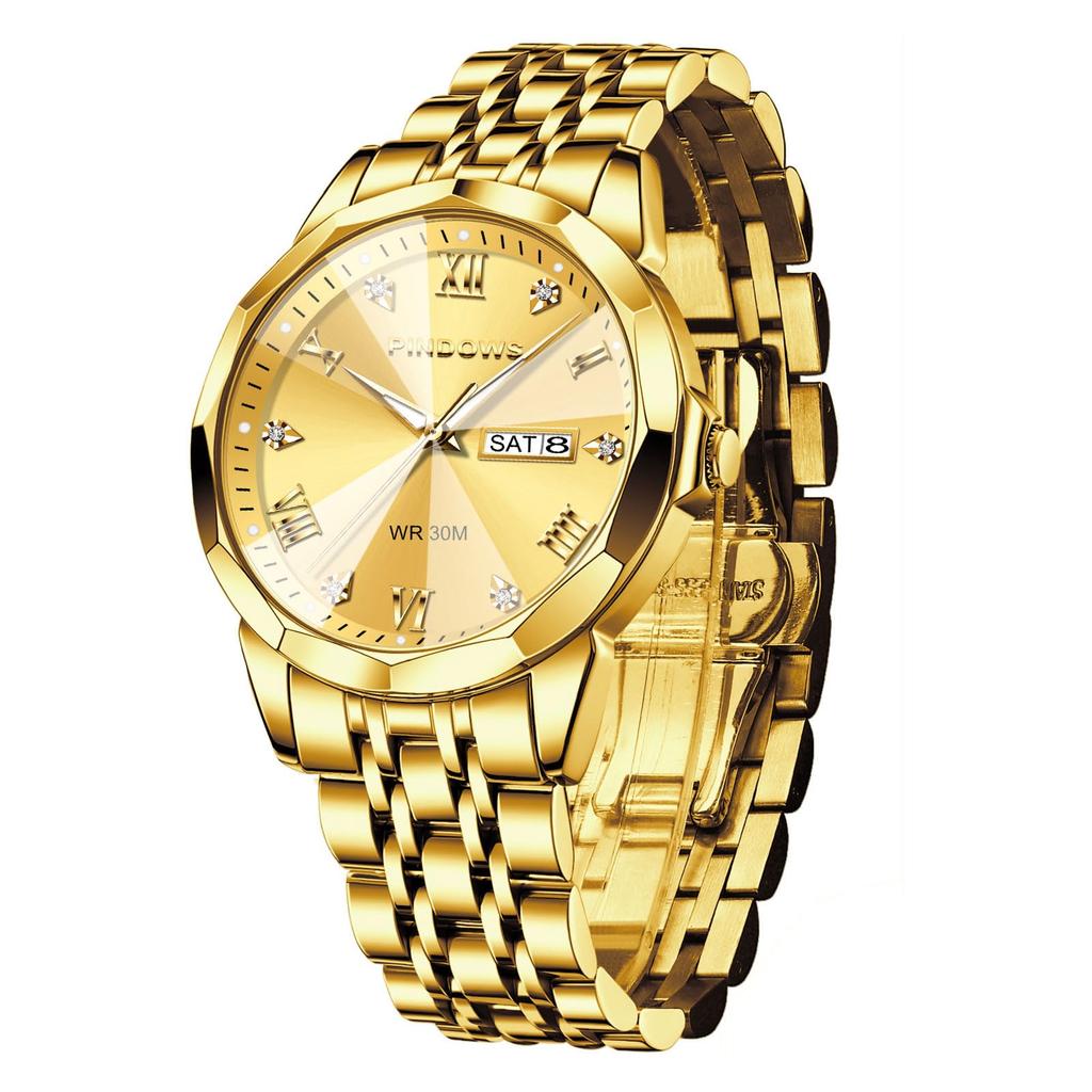PINDOWS Luxury Business Dress Analog Quartz Water Luminous Date Stainless Steel Classic Business Casual Style Men's Watch, Diamond-Decorated, Style,
