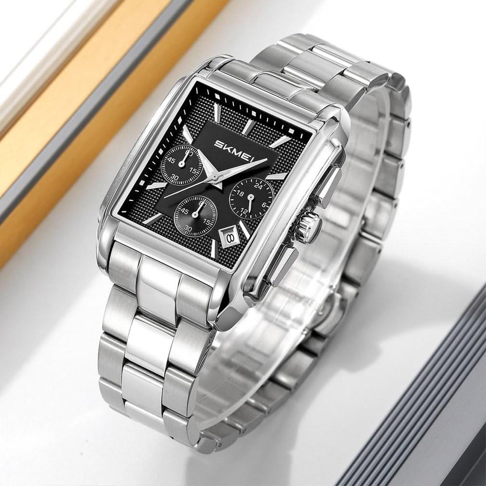 SKMEI Square Wristwatch Men's Stainless Steel Waterproof Analog Business Casual Chronograph Silver Black High-End Gift