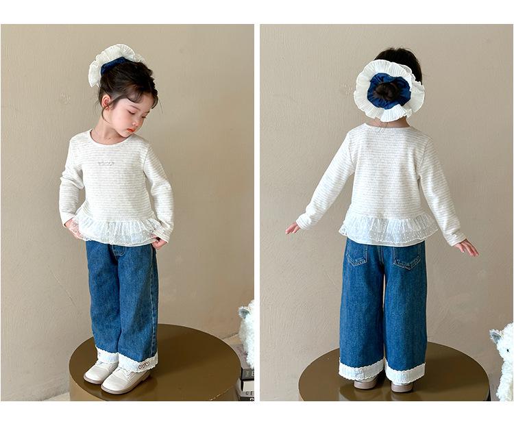 2025 Fashionable Long Sleeve Lace T-shirt for Girls' Spring & Autumn