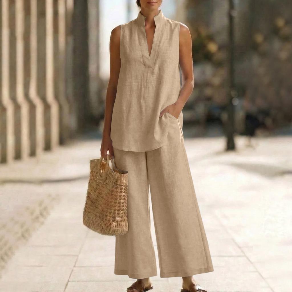 Women's Fashionable Loose V-neck Vest Sleeveless Pullover Top High-waisted Wide-leg Pants Set