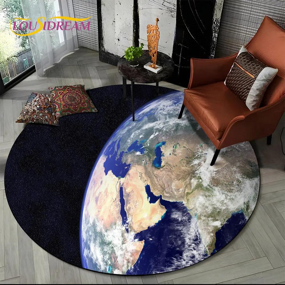 Earth Space Fixed Stars Galaxy Round Area Rug,Carpet for Living Room Children's Bedroom Sofa Playroom Decor,Non-slip Floor Mat