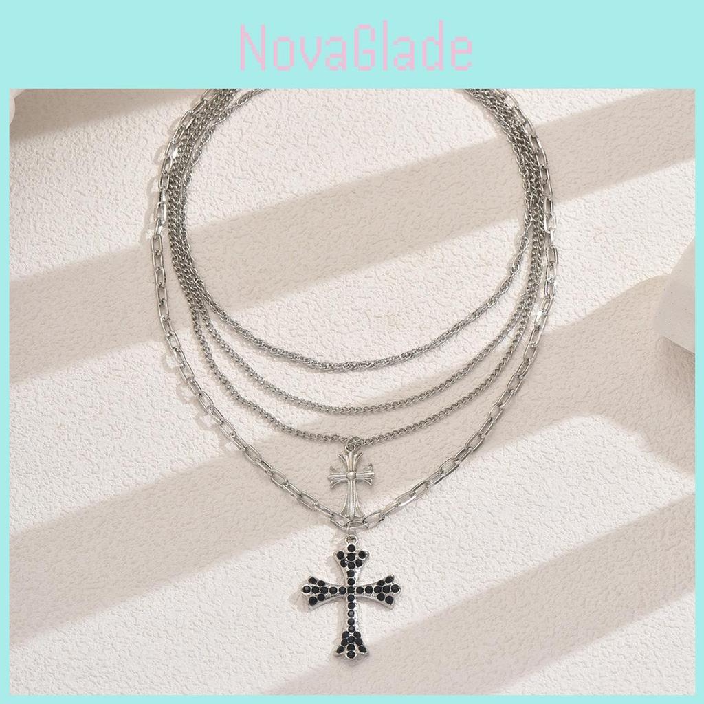 Collier pendentif croix superposé hiphop pour femmes avec design géométrique en alliage