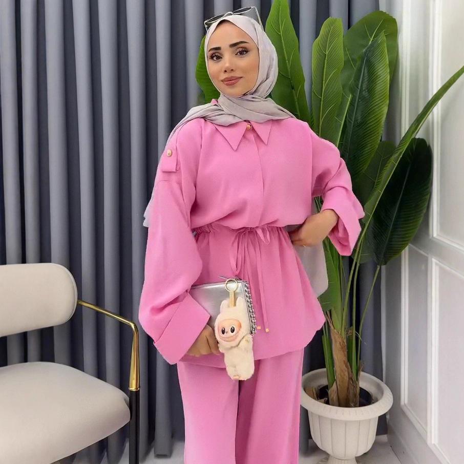 2025 Fall Women’s Draped Long Sleeve Shirt and High Waist Tie-Up Pants Set