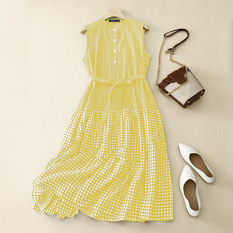 

ZANZEA Женские летние платья А-силуэта с круглым вырезом без рукавов в контрастную клетку 3XL жёлтый