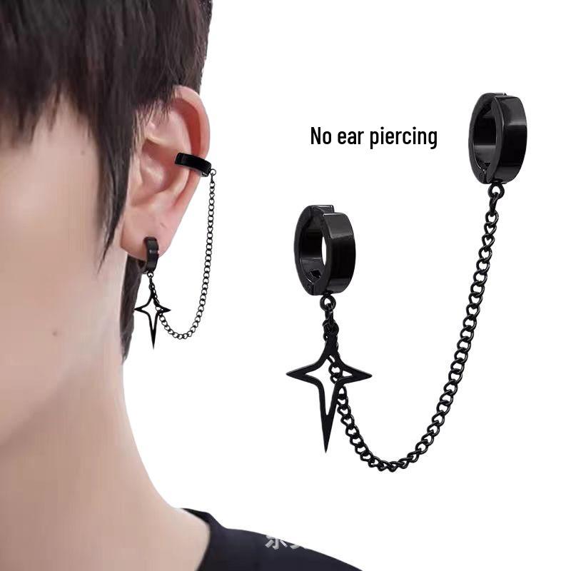 Boys' Star Ear Cuff: Stylish No-Piercing Black Chain with Four-Pointed Star Design, Cool Earring for Women.