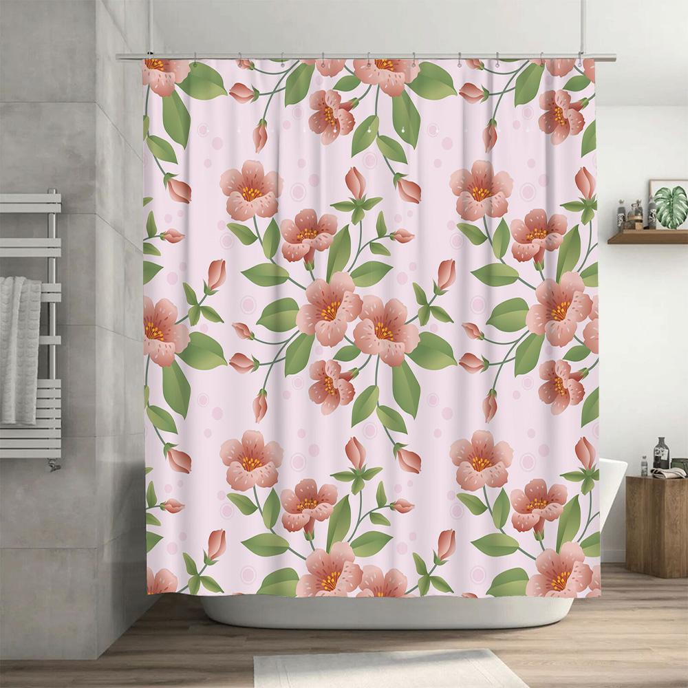 Charming Pink Blossom Shower Curtain For Bathroom Decor Waterproof Fabric With Green Leaves Pattern Perfect Gift Idea For Housew