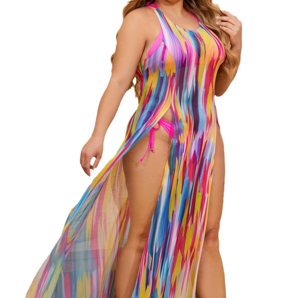 Rainbow Print Halter Bikini & Cover-Up 3-Piece Swimsuit Set