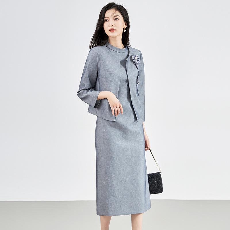 High-Quality Floral 3D Round Neck Jacket & Dress Two-Piece Set for Women