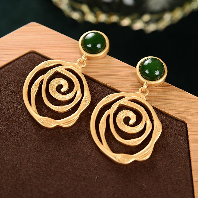 New In Inlaid Natural An Jade Earrings For Women With Irregular Thread Vintage Chinese Style Antique Palace Jewelry