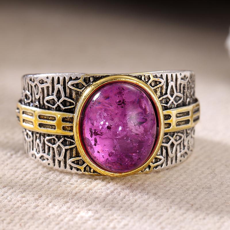 Ethnic Inlaid Purple Stone Women's Ring Vintage Two Color Hand Carving Daily Wear Party Jewelry Anniversary Gift