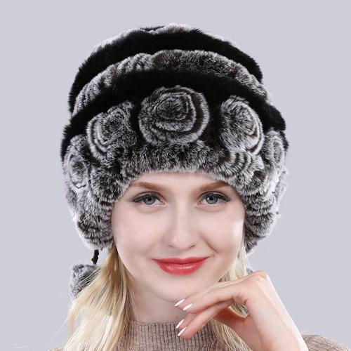 Sale Winter Women Flowers Striped Natural Real Rex Rabbit Fur Hats Lady Warm Knit Genuine Fur Caps Russian Outdoor Fur Hats