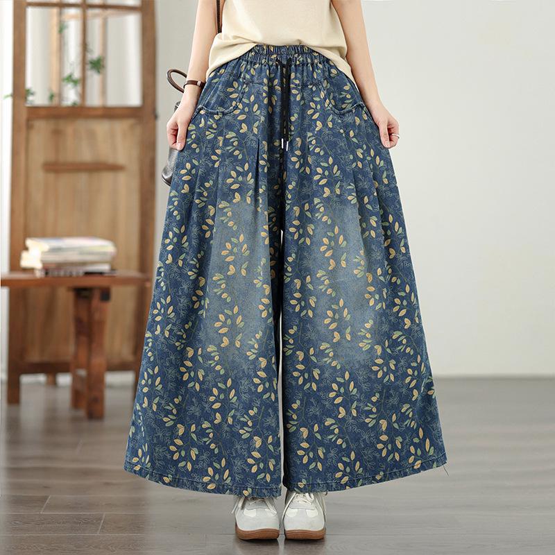 

Spring Printed Elastic Waist Wide-Leg Jeans - Large Size, Loose Fit, Slimming, Versatile L синий