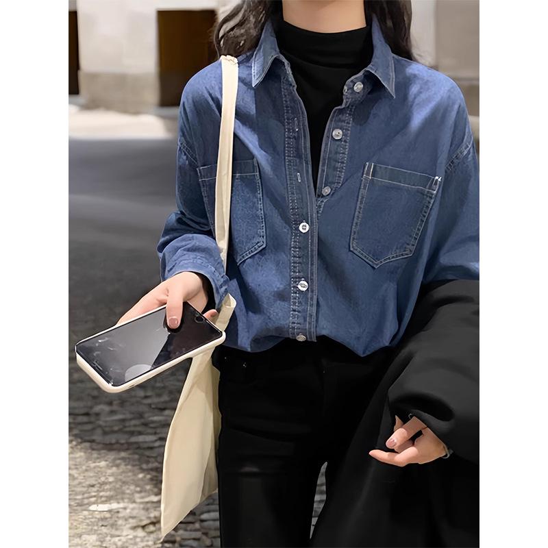Retro Blue Women's Denim Shirt - Loose Layered Spring/Summer Top