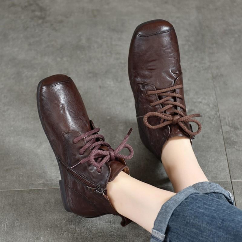 Johnature Genuine Leather Pleated Short Boots Round Toe Soft Sole Lace Up Versatile Women's Shoes