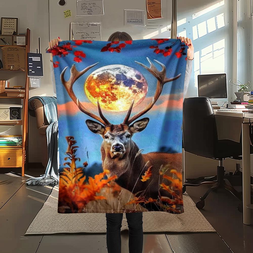 1Pc Deer in Forest Print Flannel Blanket, High quality Comfortable for All Seasons, Home Decor, Warmth and Comfort, Perfect for Gifts