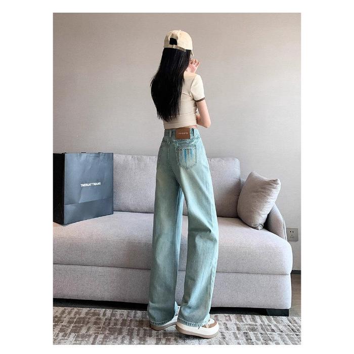 

Женские джинсы с высокой посадкой, светлого цвета, с вышивкой, широкие штанины, весна/лето 2024 - Узкие, свободные, прямые брюки в пол L синий