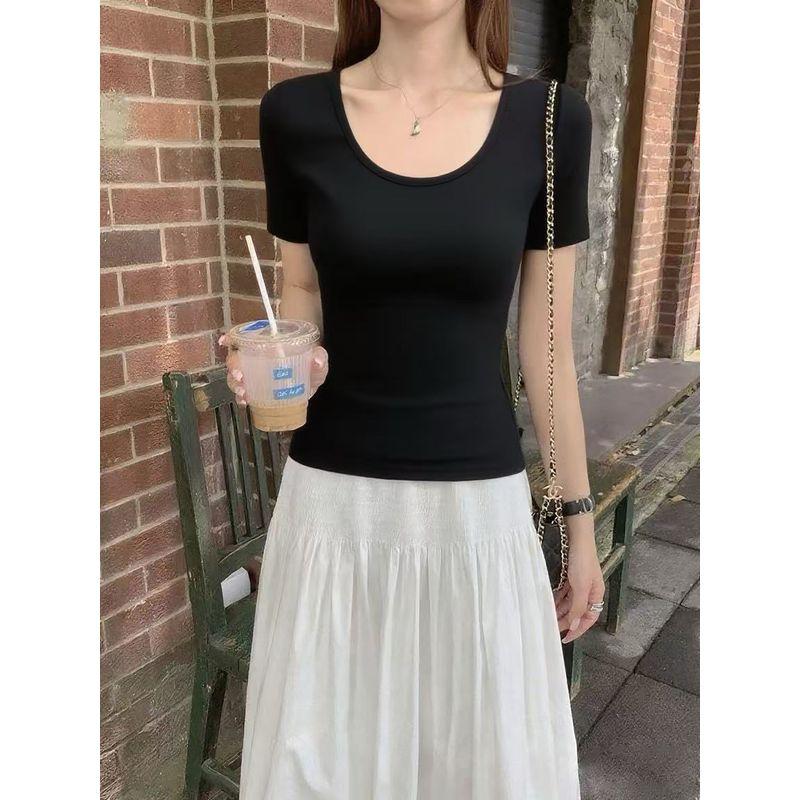 

Pusumede Slim Paper Basic Style Short sleeve T-shirt Women Slim fit Temperament Shoulder Knitted Half Sleeve Top Black U-collar(In stock) M