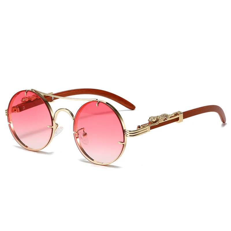 Vintage Metal Round Sunglasses Men Luxury Gold Leopard Wooden Frame Stylish Outdoor Women Trendy Oval Shades Oculos de sol
