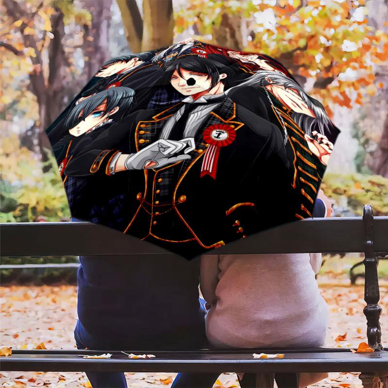 1 PC Automatic Folding Umbrella - Black Butler Pattern Portable Foldable Design With 8 Ribs Christmas Birthday Gifts