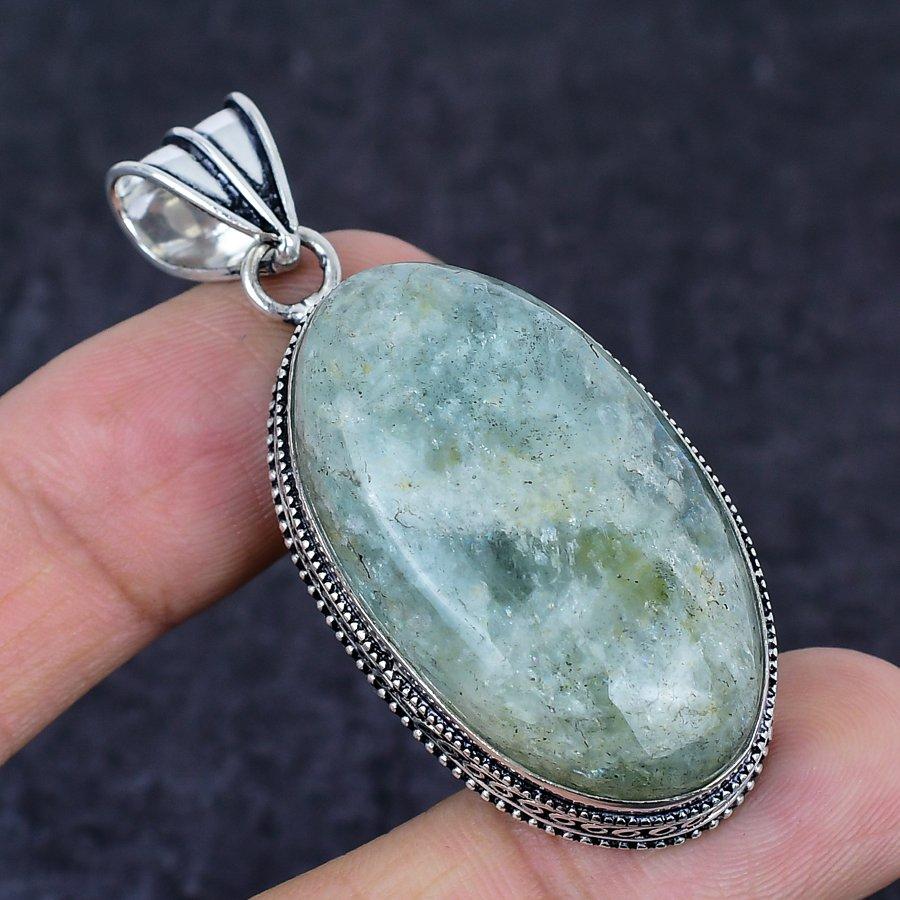 Aquamarine Gemstone Handmade 925 Sterling Silver Jewelry Pendant 2.29" O7Z01