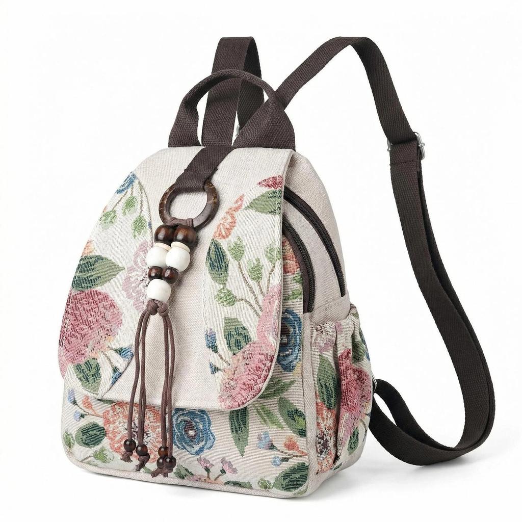 Embroidered Flower Double Shoulder Bag - Women's Literary Backpack, Ethnic Style, Vintage Travel Bag