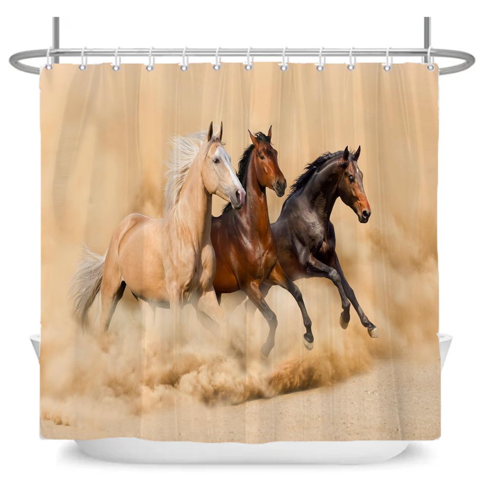 Running Horse Shower Curtains Bathroom Curtain With Hooks Decor Waterproof Animal Bath Polyester Fabric 3D Cortinas De Ducha