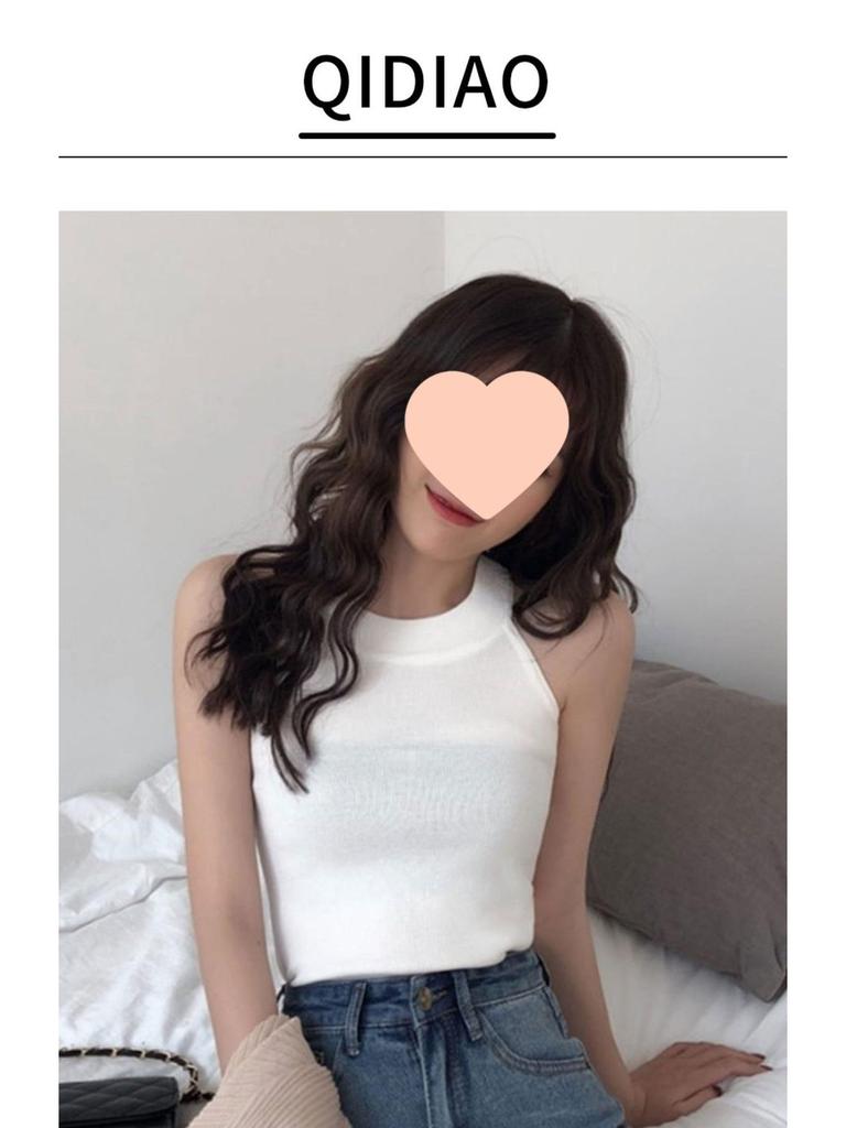 Damen Schwarzes Ärmelloses Strick Halter Tanktop für den Sommer