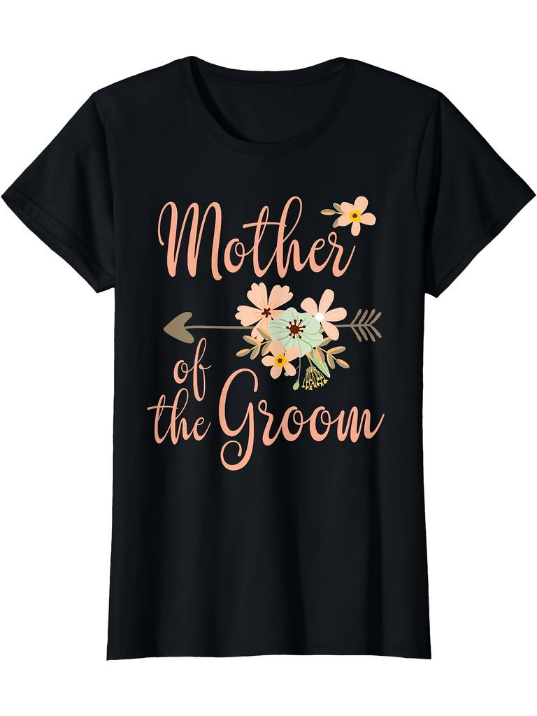 Sophisticated T-Shirt for Mothers of The Groom - Comfortable Polyester Fit, Black with Floral Design In Pink And Green, Round Neck, Short Sleeves, Ide
