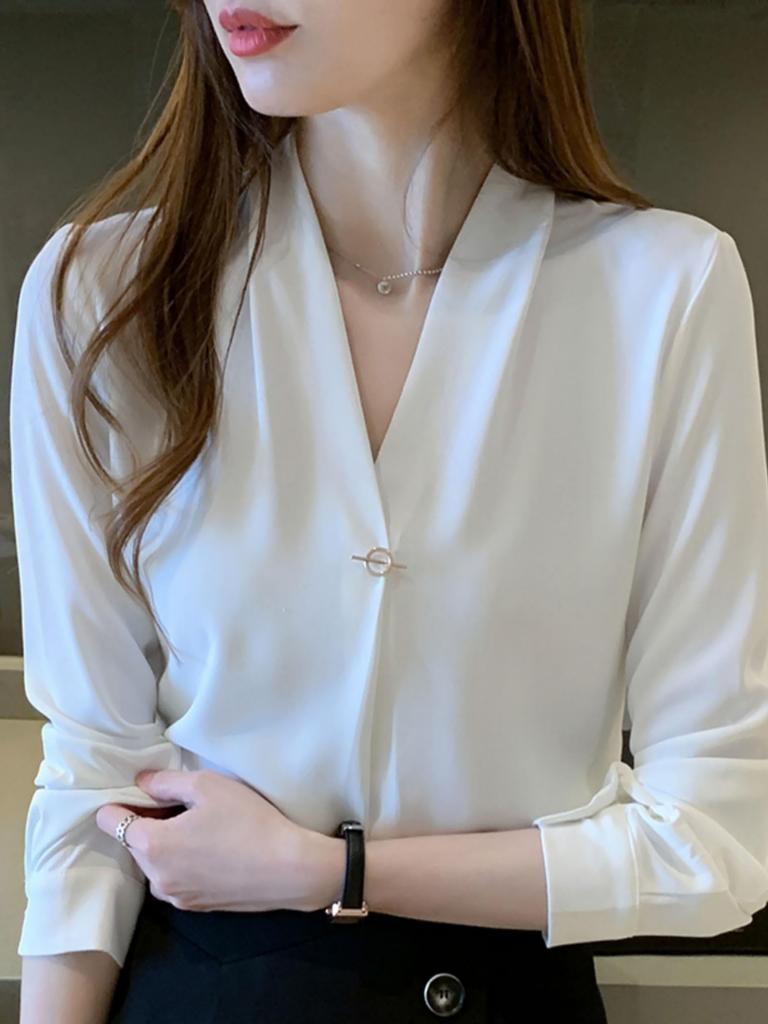 RCL Chiffon Shirt Long Loose Plus No Solid Women's Blouse, Sleeve, V-Neck, Fit, Sizes, Iron, Office/Casual Fashion, Flattering, Color, Breathable,
