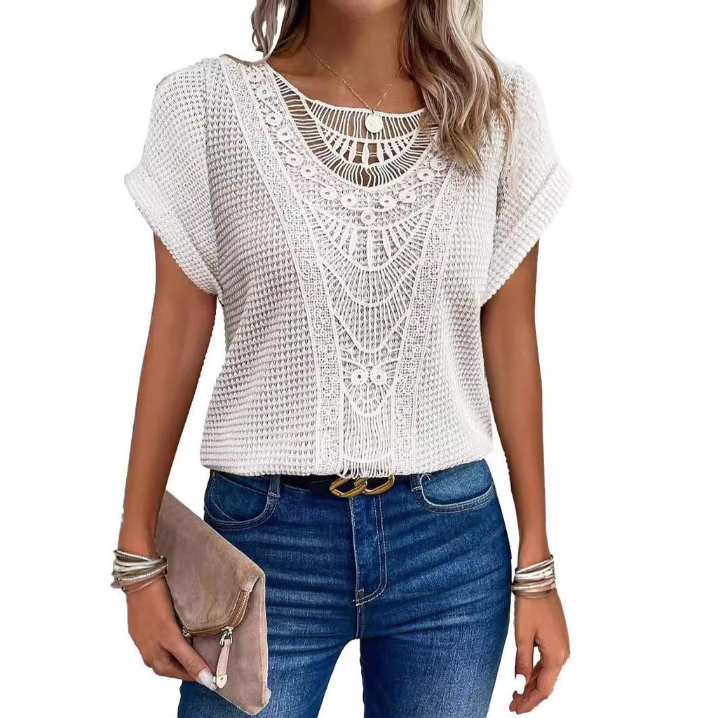 2024 Hollow Lace Splicing Plus Size Short Sleeve T-shirt for Women