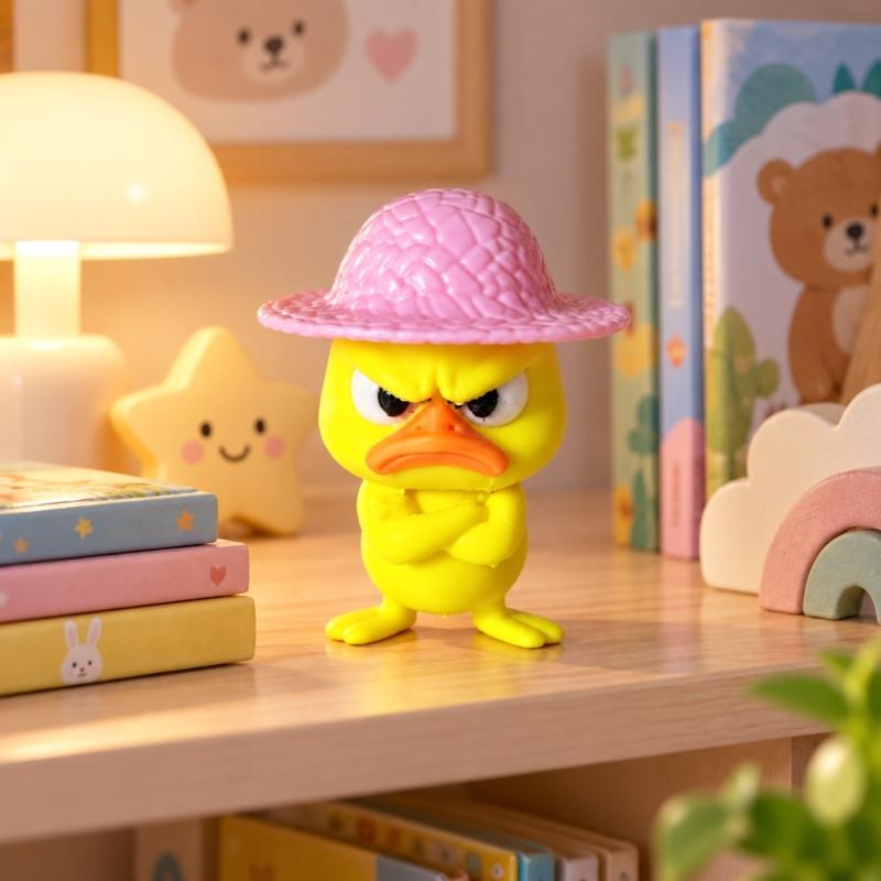 3D Printed Duck Figurine Set of 4 with Angry Face and Crossed Arm, Textured Hat Decorations for Office Desks, Display Shelves, and Entryways