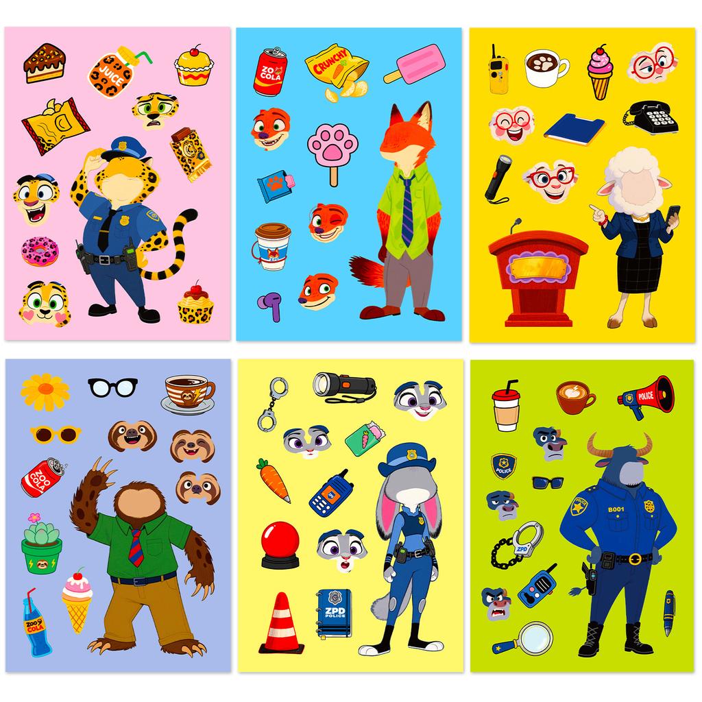 Hot Cartoon Crazy Animal Rabbit Officer Face Swap Stickers 6 Pieces/Package Children'S Anime Surrounding Diy Costume Stickers
