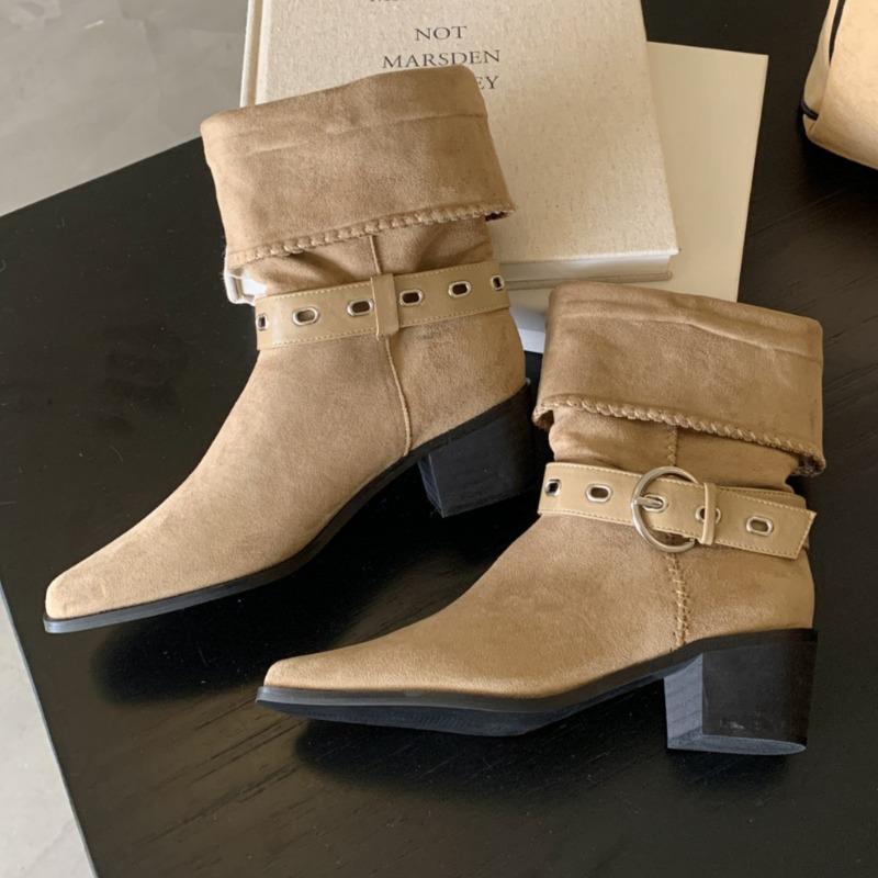 Autumn Winter Suede Ankle Boots for Women Fashion Belt Buckle Design Chunky Heel Knight Boot Ladies Casual Outdoor Cowboy Boots