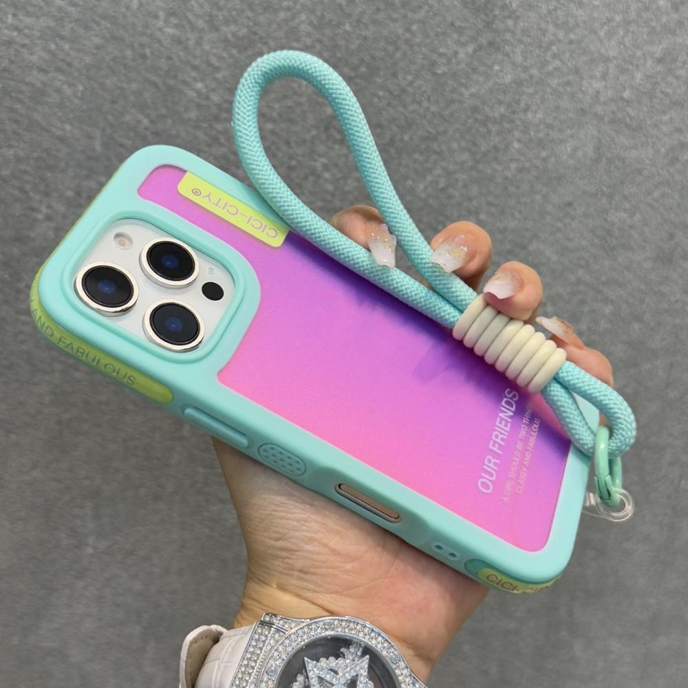 Candy Contrast Color Laser Wrist Strap Case For iPhone 14 15 16 17 Pro Max Frosted IMD Anti-Loss Cord Lanyard Soft Bumper Cover