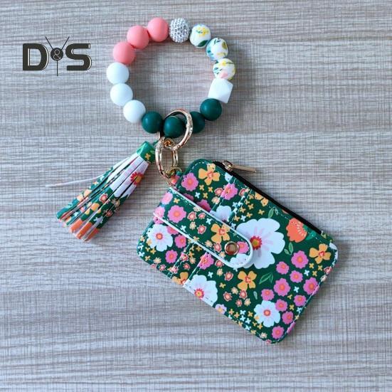 Damen-Geldbörse mit Blumenmuster, Boho-Stil, Münzbörse, Schlüsselanhänger mit Quaste, elastischer Armband-Geldbörse mit Perlen und Sichtfenster für Ausweise, zum Einkaufen, Reisen, Alltag
