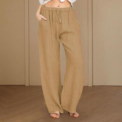 Frauen Sommer Casual Hosen Elastische Taille Kordelzug Taschen Design Lose Hosen Einfarbig Dünne Lange Hosen