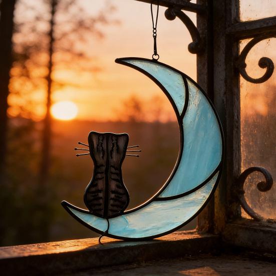 Cat On Moon Hanging Ornament Stained Glass Window Hanging Suncatcher Acrylic Panel Wall Art Memorial Gift for Women Wife Mom Cat Lovers