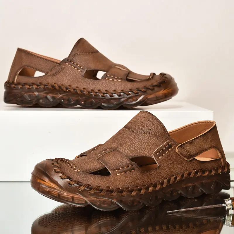 Summer Men's Leather Sandals Handmade Breathable Beach Shoes